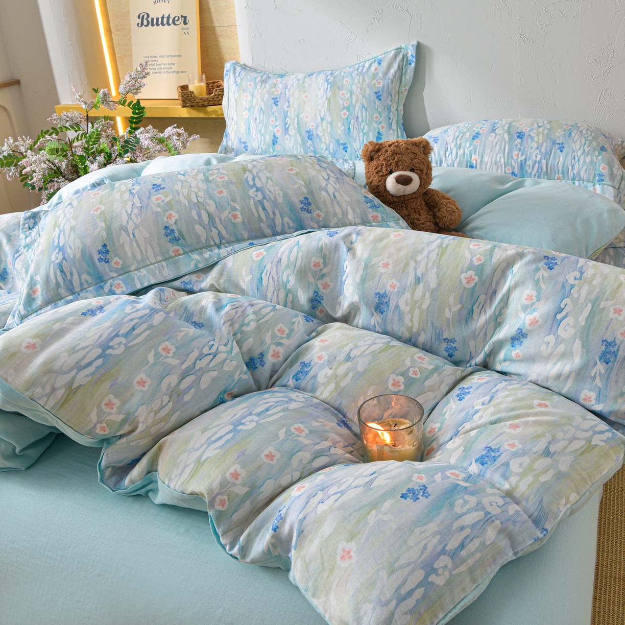 91家纺网 家纺一手货源 找家纺 金昱纺 2026新款全棉纯棉双层纱印花四件套 禾棠映月-兰