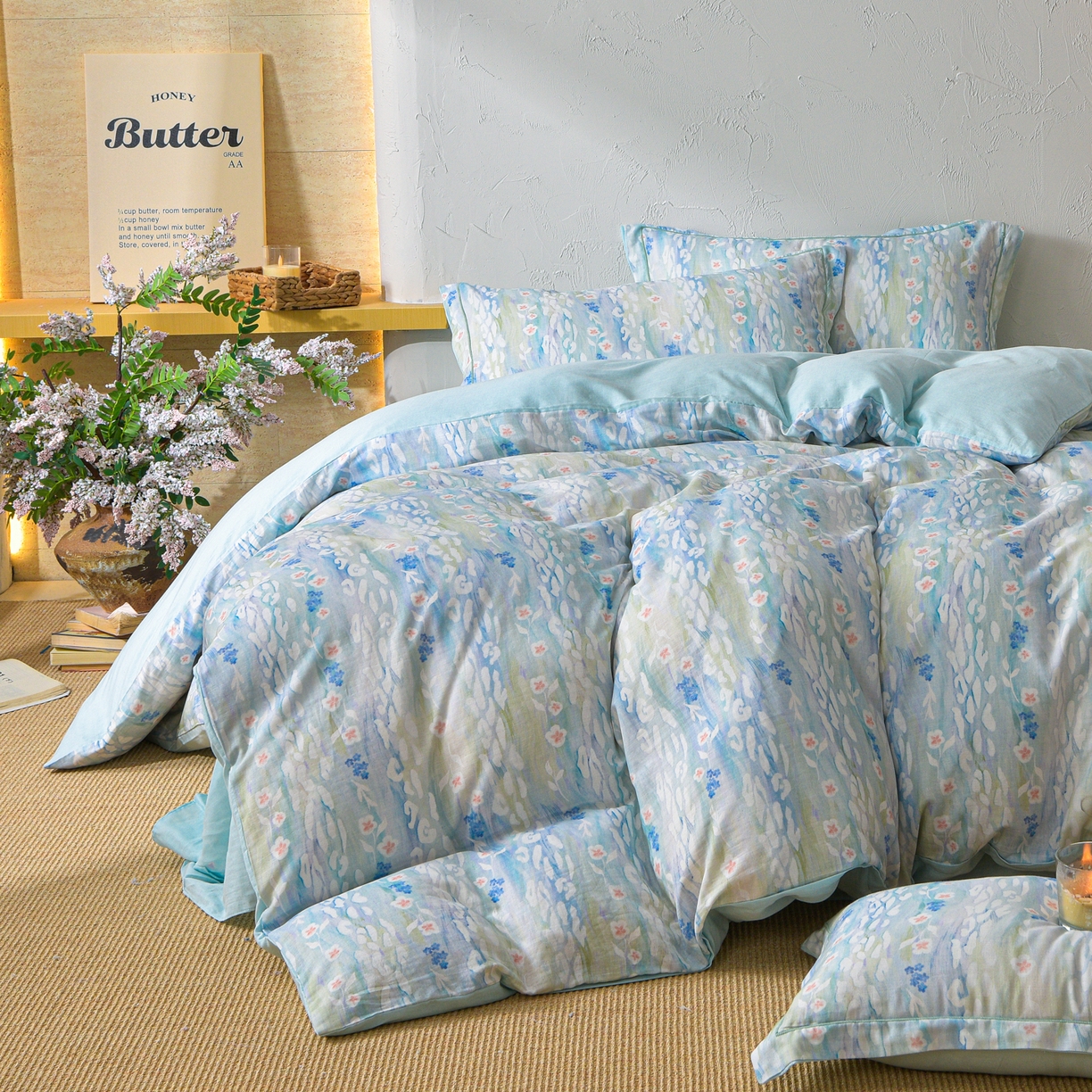 91家纺网 家纺一手货源 找家纺 金昱纺 2026新款全棉纯棉双层纱印花四件套 禾棠映月-兰