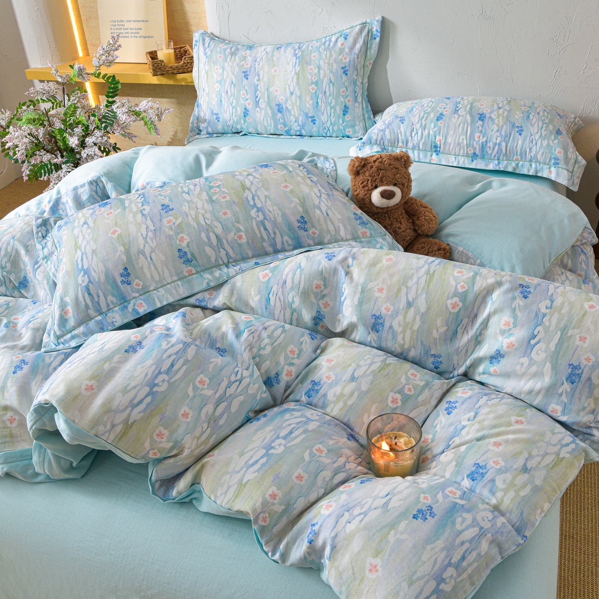 91家纺网 家纺一手货源 找家纺 金昱纺 2026新款全棉纯棉双层纱印花四件套 禾棠映月-兰