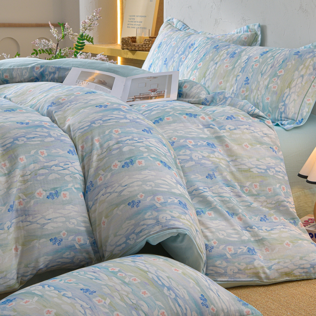 91家纺网 家纺一手货源 找家纺 金昱纺 2026新款全棉纯棉双层纱印花四件套 禾棠映月-兰