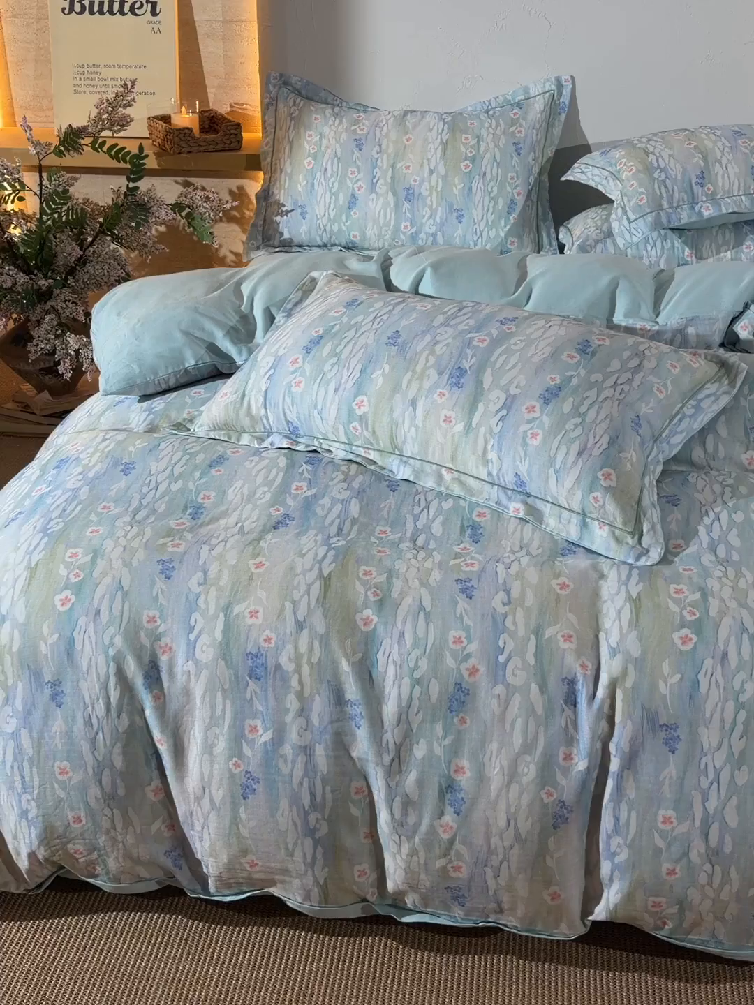 91家纺网 家纺一手货源 找家纺 金昱纺 2026新款全棉纯棉双层纱印花四件套 禾棠映月-兰