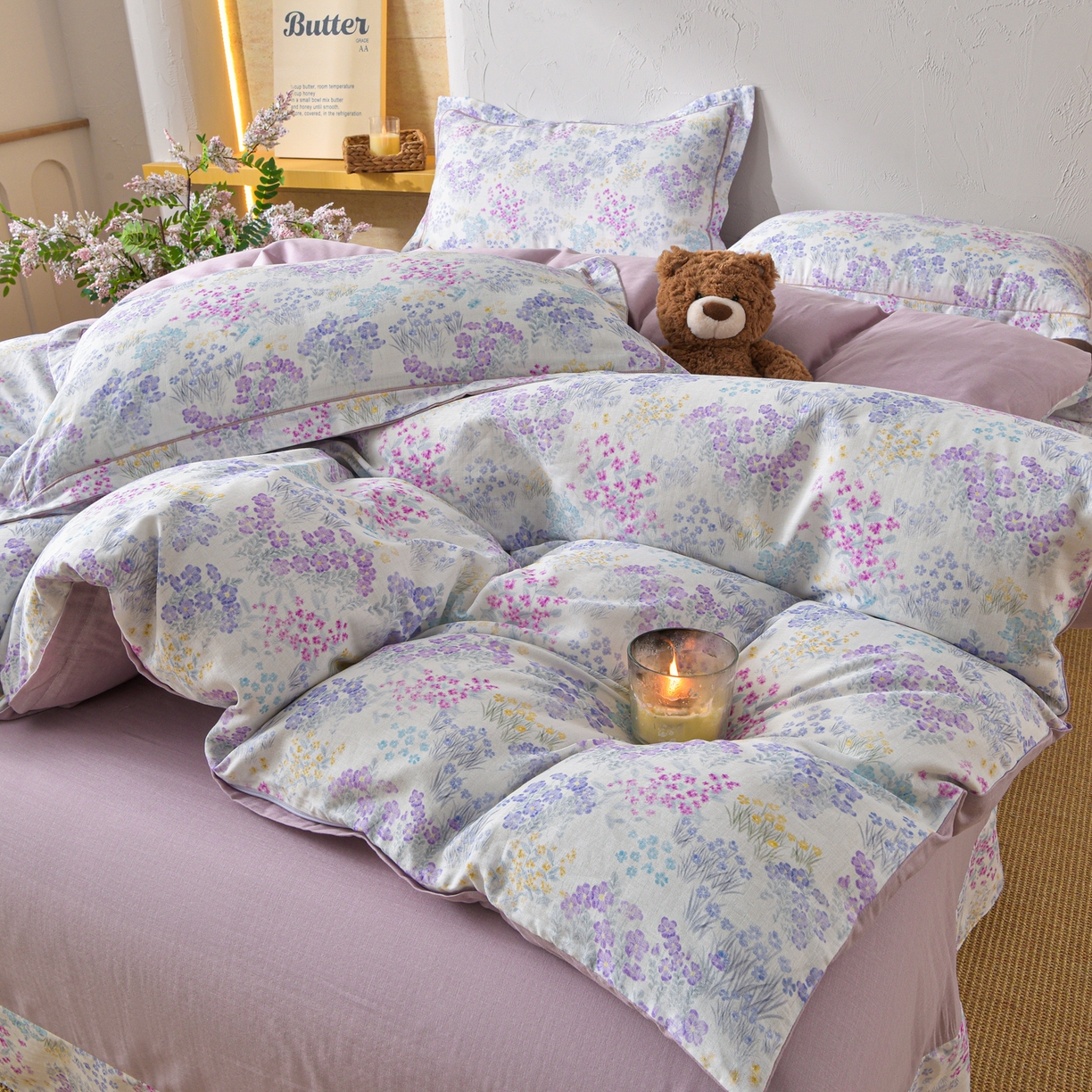 91家纺网 家纺一手货源 找家纺 金昱纺 2026新款全棉纯棉双层纱印花四件套 花纷飞-紫