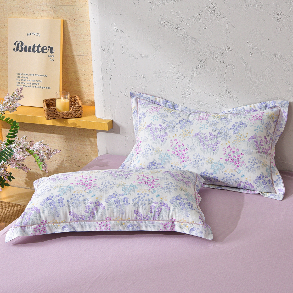 91家纺网 家纺一手货源 找家纺 金昱纺 2026新款全棉纯棉双层纱印花四件套 花纷飞-紫