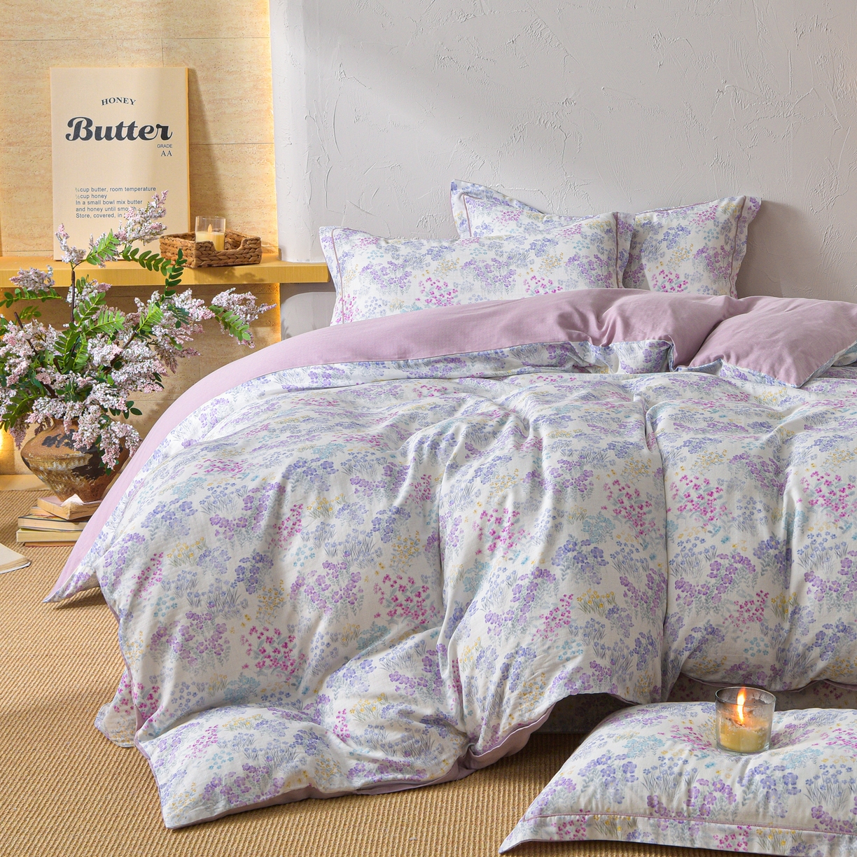 91家纺网 家纺一手货源 找家纺 金昱纺 2026新款全棉纯棉双层纱印花四件套 花纷飞-紫