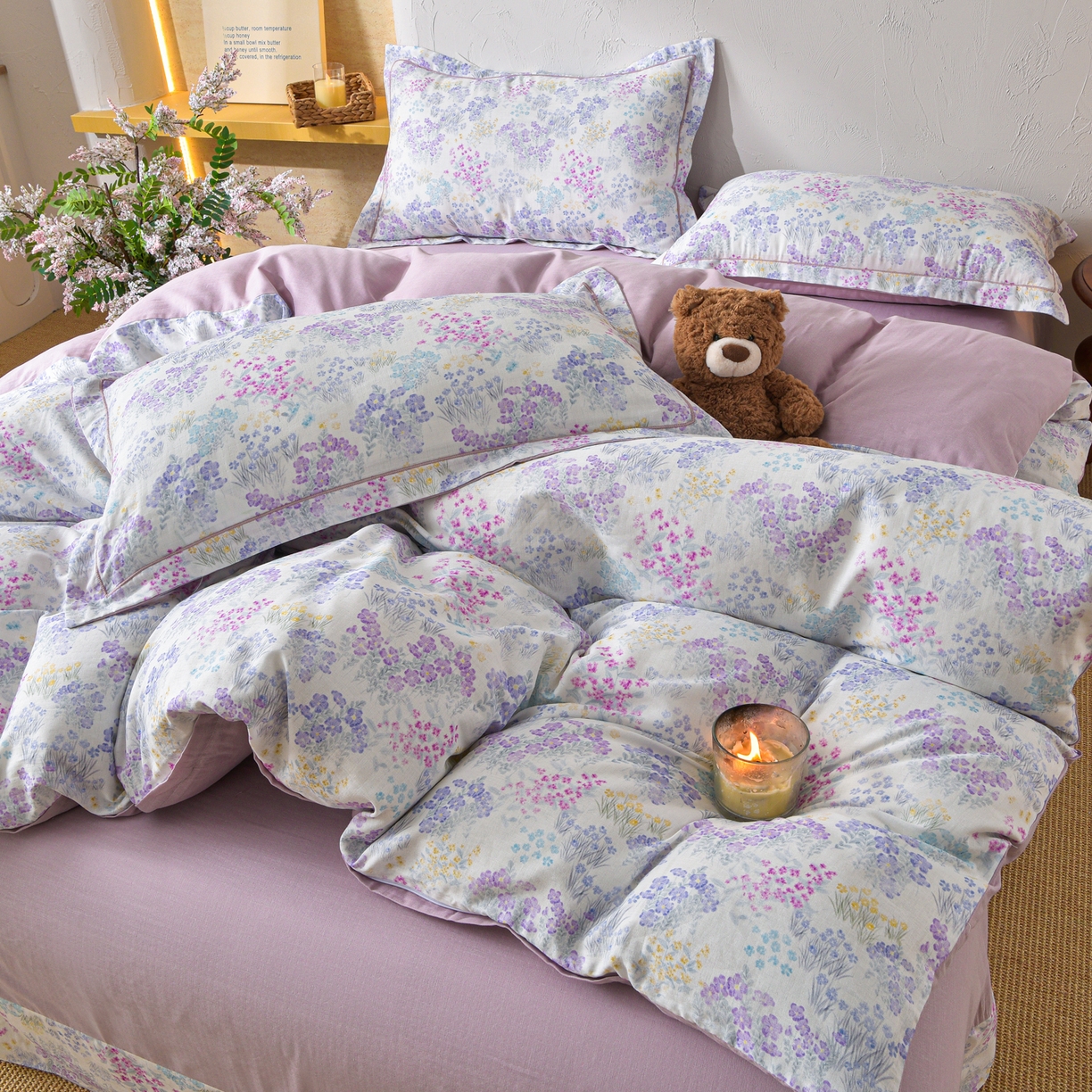 91家纺网 家纺一手货源 找家纺 金昱纺 2026新款全棉纯棉双层纱印花四件套 花纷飞-紫