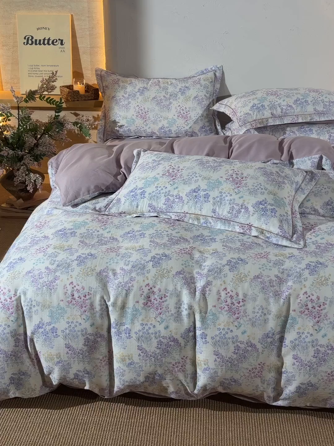 91家纺网 家纺一手货源 找家纺 金昱纺 2026新款全棉纯棉双层纱印花四件套 花纷飞-紫