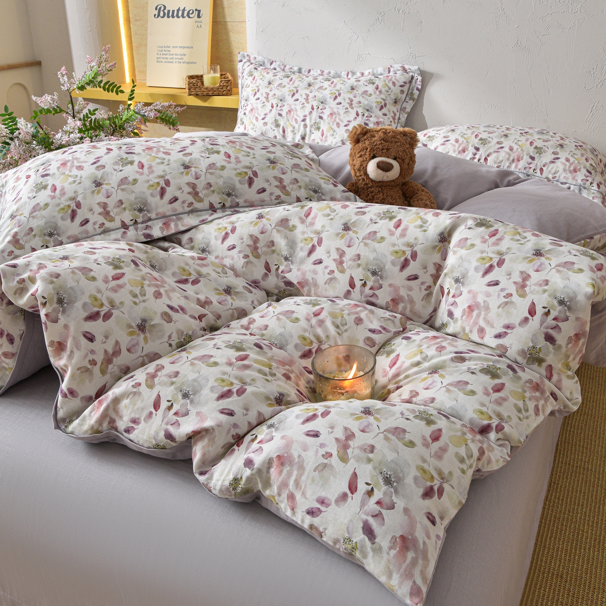 91家纺网 家纺一手货源 找家纺 金昱纺 2026新款全棉纯棉双层纱印花四件套 花酿-豆沙