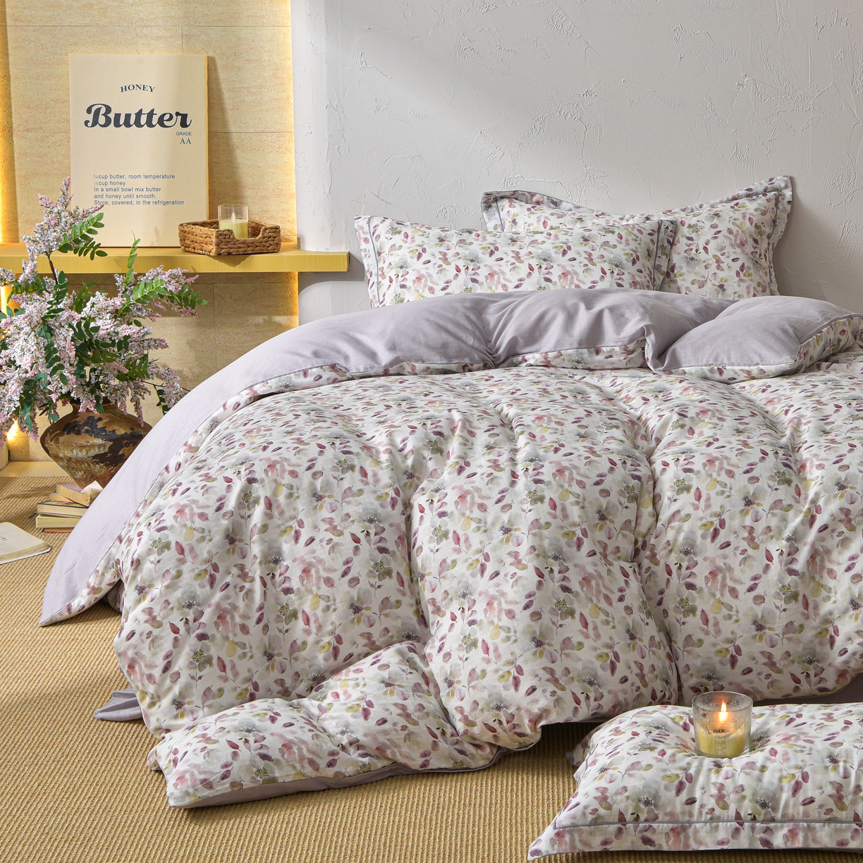 91家纺网 家纺一手货源 找家纺 金昱纺 2026新款全棉纯棉双层纱印花四件套 花酿-豆沙