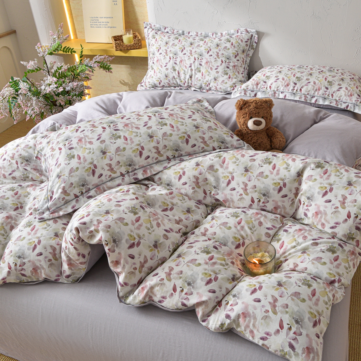 91家纺网 家纺一手货源 找家纺 金昱纺 2026新款全棉纯棉双层纱印花四件套 花酿-豆沙