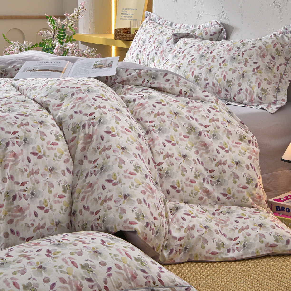 91家纺网 家纺一手货源 找家纺 金昱纺 2026新款全棉纯棉双层纱印花四件套 花酿-豆沙