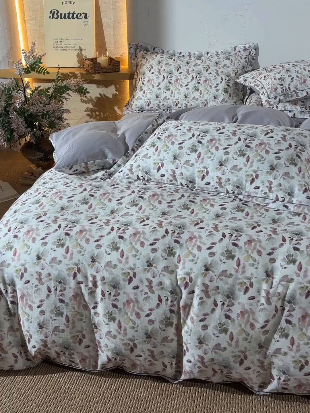 91家纺网 家纺一手货源 找家纺 金昱纺 2026新款全棉纯棉双层纱印花四件套 花酿-豆沙