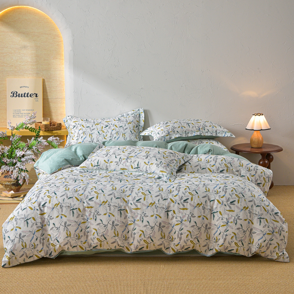 金昱纺 2026新款全棉纯棉双层纱印花四件套 镜花眠-绿