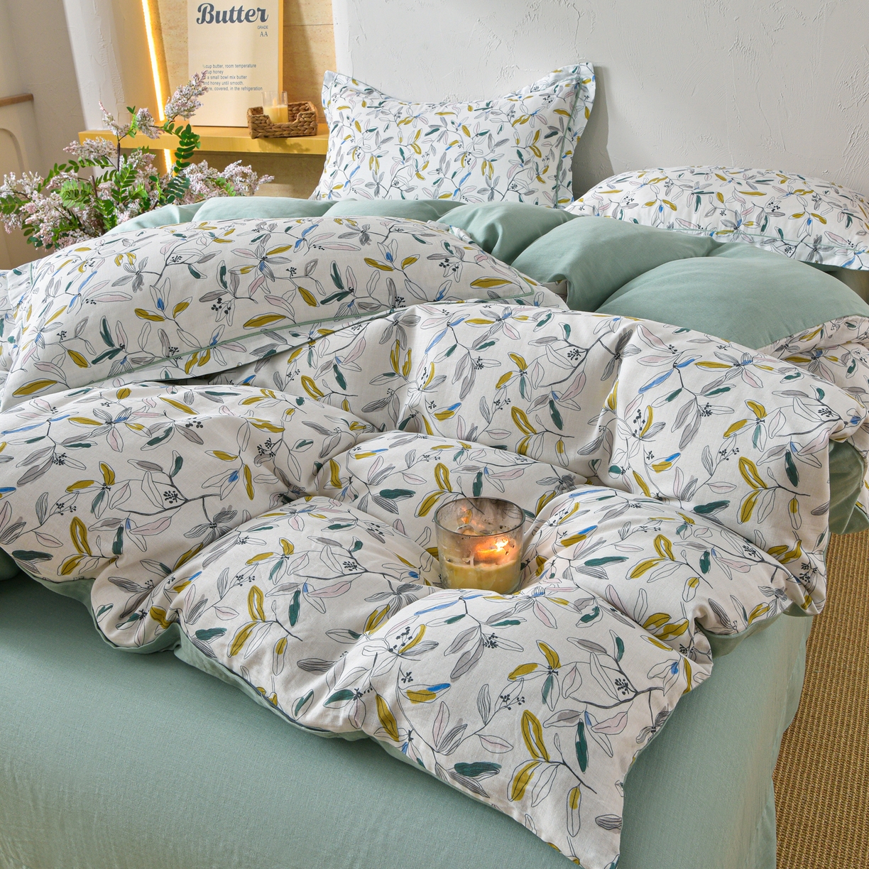 91家纺网 家纺一手货源 找家纺 金昱纺 2026新款全棉纯棉双层纱印花四件套 镜花眠-绿