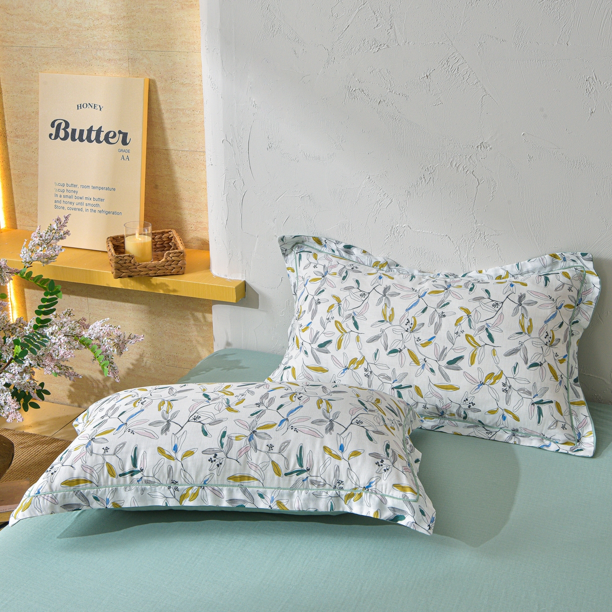 91家纺网 家纺一手货源 找家纺 金昱纺 2026新款全棉纯棉双层纱印花四件套 镜花眠-绿