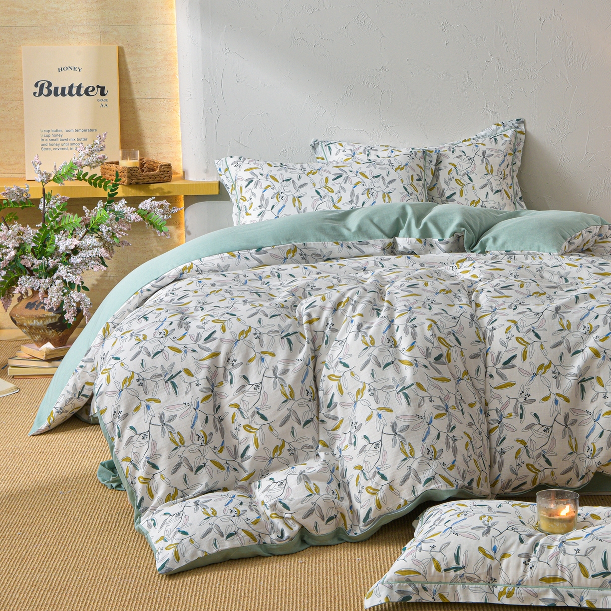 91家纺网 家纺一手货源 找家纺 金昱纺 2026新款全棉纯棉双层纱印花四件套 镜花眠-绿