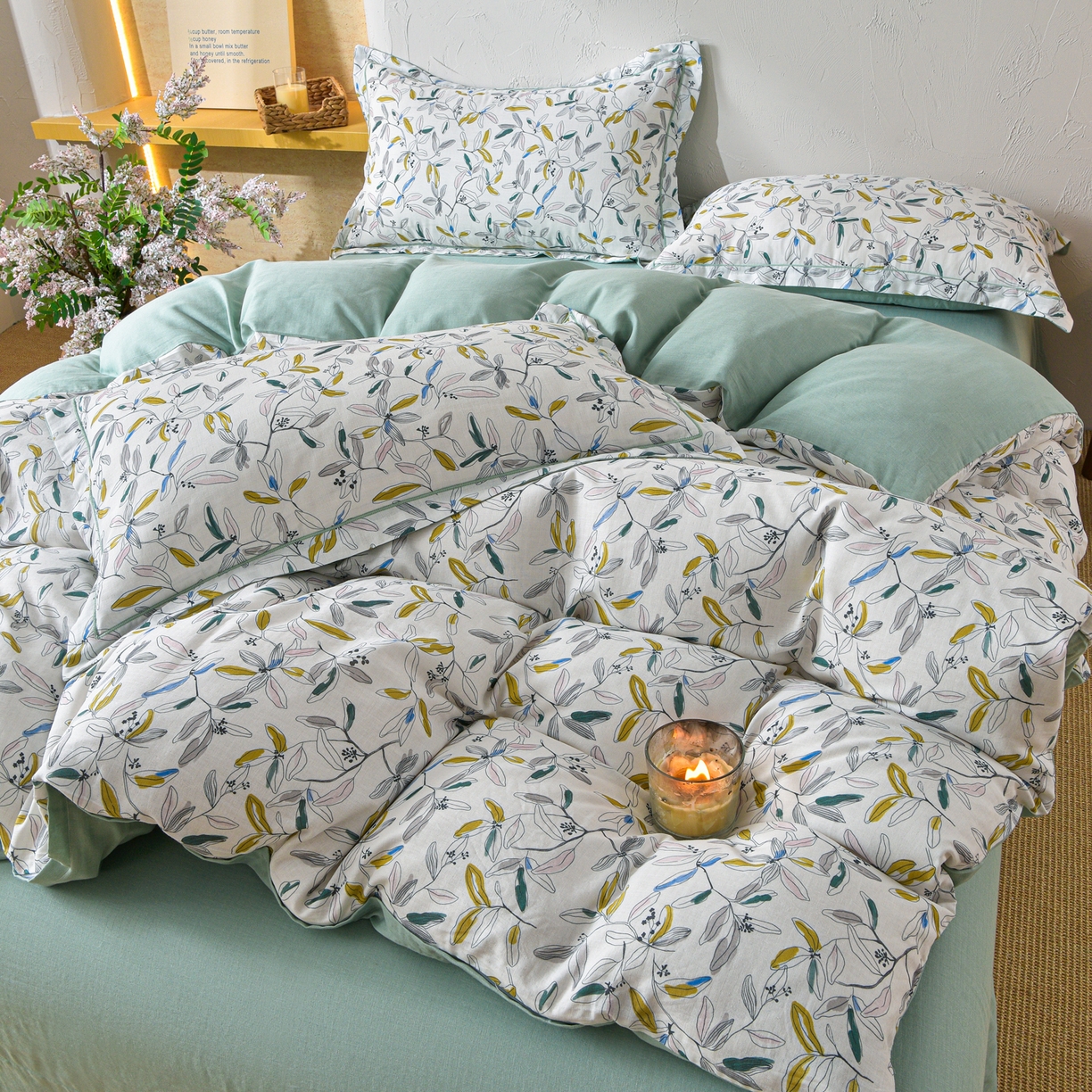 91家纺网 家纺一手货源 找家纺 金昱纺 2026新款全棉纯棉双层纱印花四件套 镜花眠-绿