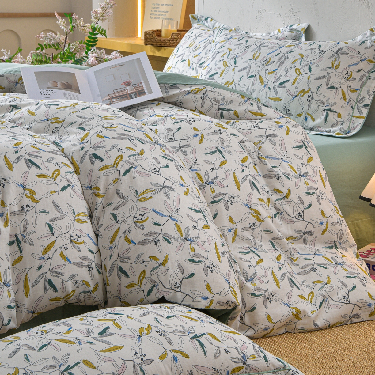 91家纺网 家纺一手货源 找家纺 金昱纺 2026新款全棉纯棉双层纱印花四件套 镜花眠-绿