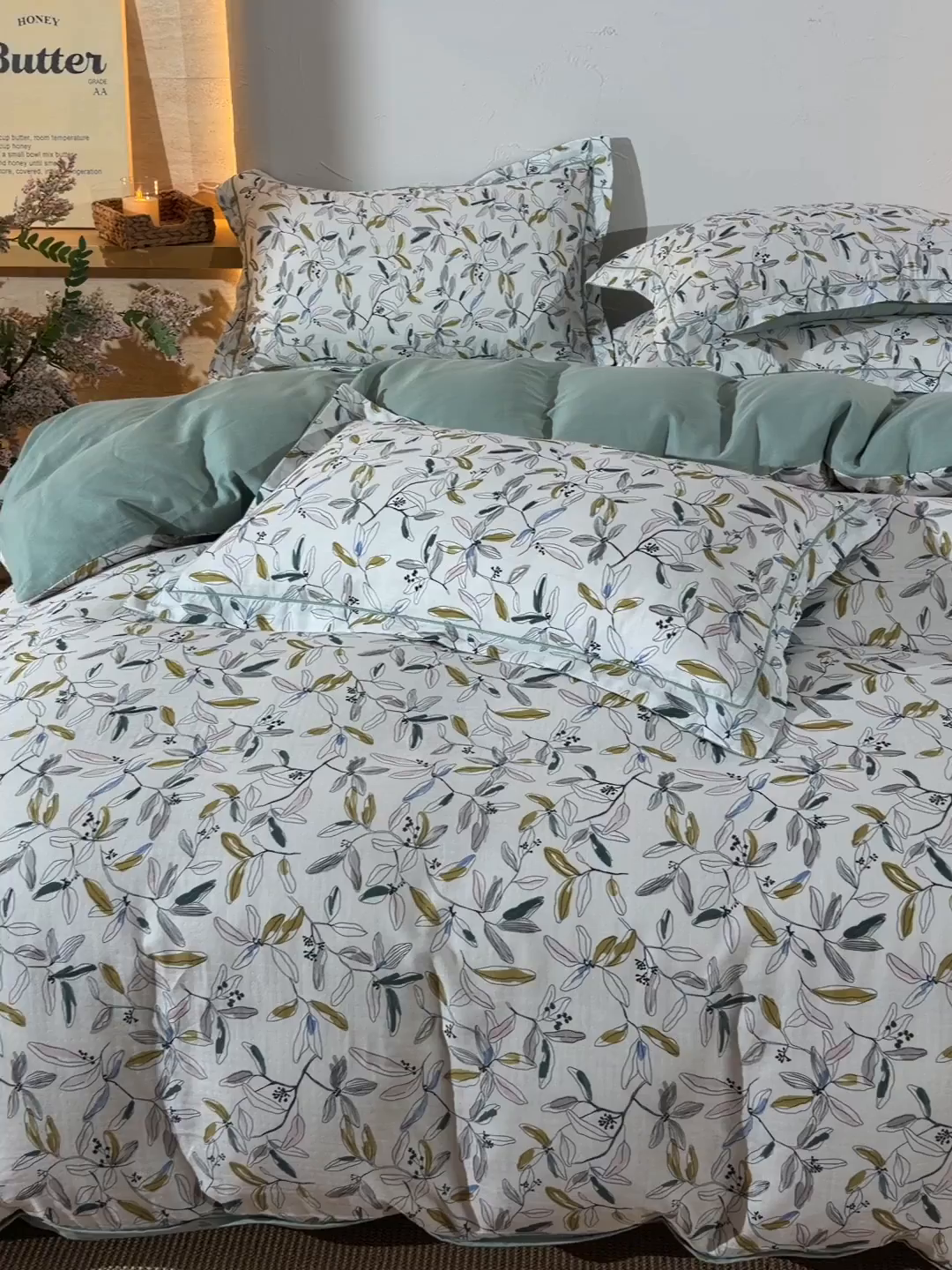 91家纺网 家纺一手货源 找家纺 金昱纺 2026新款全棉纯棉双层纱印花四件套 镜花眠-绿