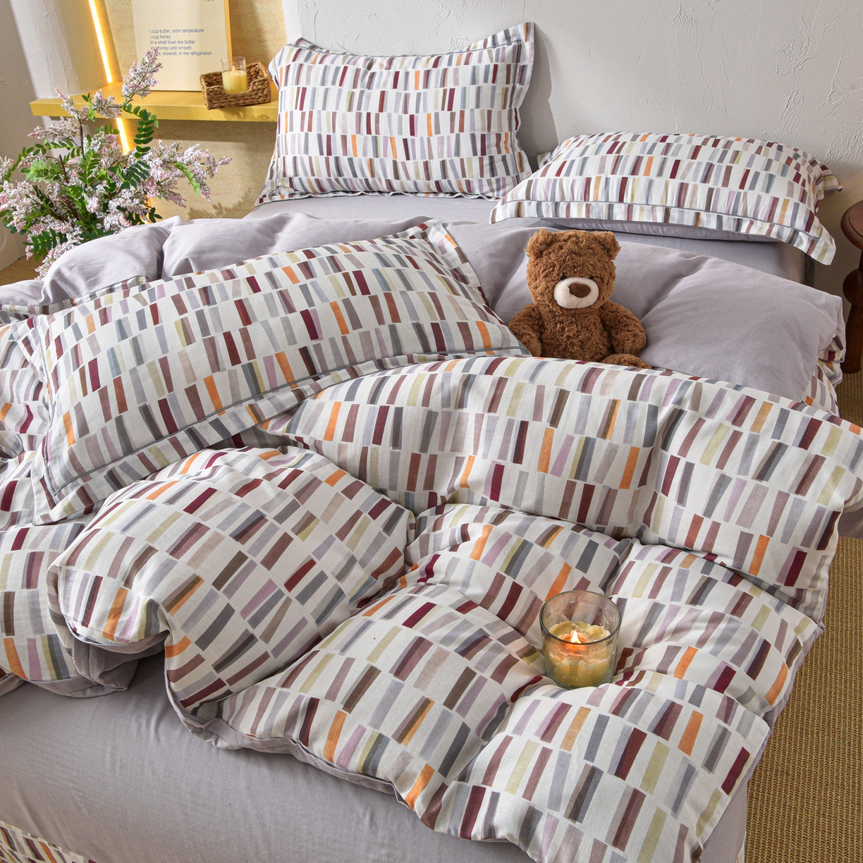 91家纺网 家纺一手货源 找家纺 金昱纺 2026新款全棉纯棉双层纱印花四件套 空间-咖