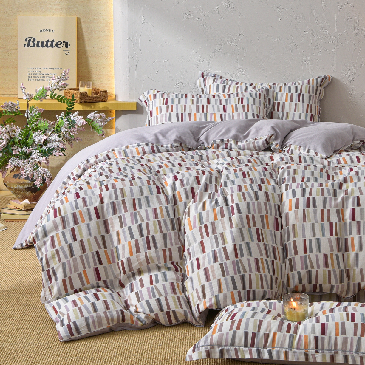 91家纺网 家纺一手货源 找家纺 金昱纺 2026新款全棉纯棉双层纱印花四件套 空间-咖