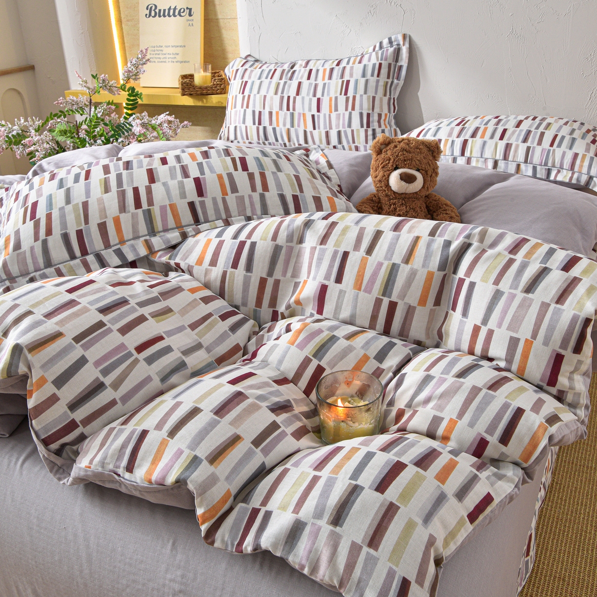 91家纺网 家纺一手货源 找家纺 金昱纺 2026新款全棉纯棉双层纱印花四件套 空间-咖