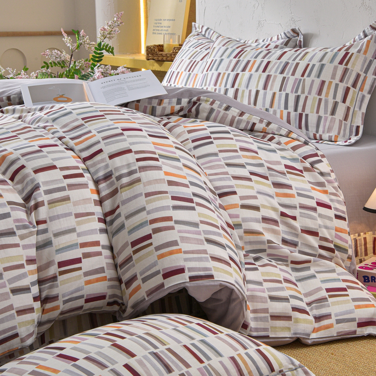 91家纺网 家纺一手货源 找家纺 金昱纺 2026新款全棉纯棉双层纱印花四件套 空间-咖