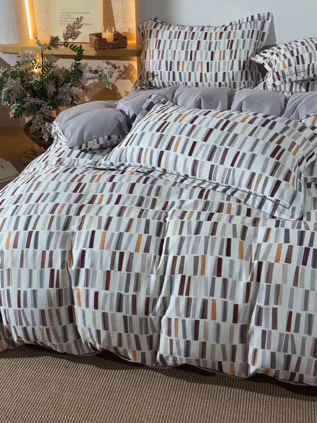 91家纺网 家纺一手货源 找家纺 金昱纺 2026新款全棉纯棉双层纱印花四件套 空间-咖