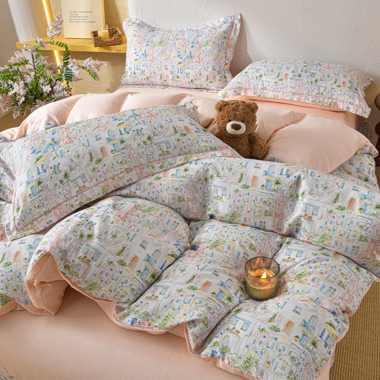 91家纺网 家纺一手货源 找家纺 金昱纺 2026新款全棉纯棉双层纱印花四件套 浪漫小镇-粉