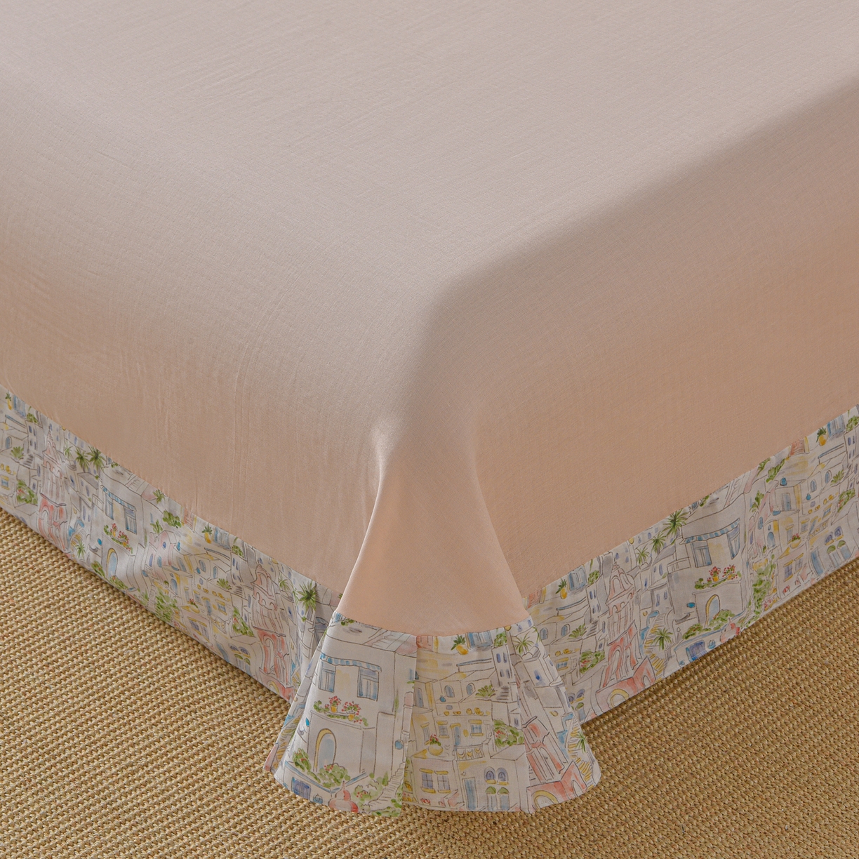 91家纺网 家纺一手货源 找家纺 金昱纺 2026新款全棉纯棉双层纱印花四件套 浪漫小镇-粉