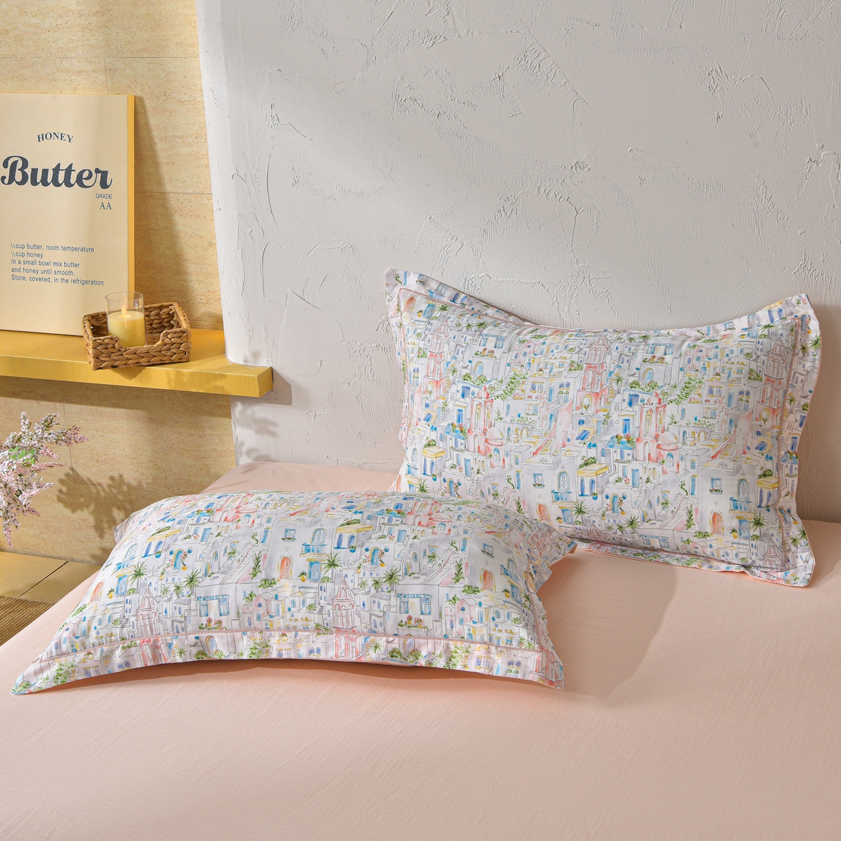 91家纺网 家纺一手货源 找家纺 金昱纺 2026新款全棉纯棉双层纱印花四件套 浪漫小镇-粉