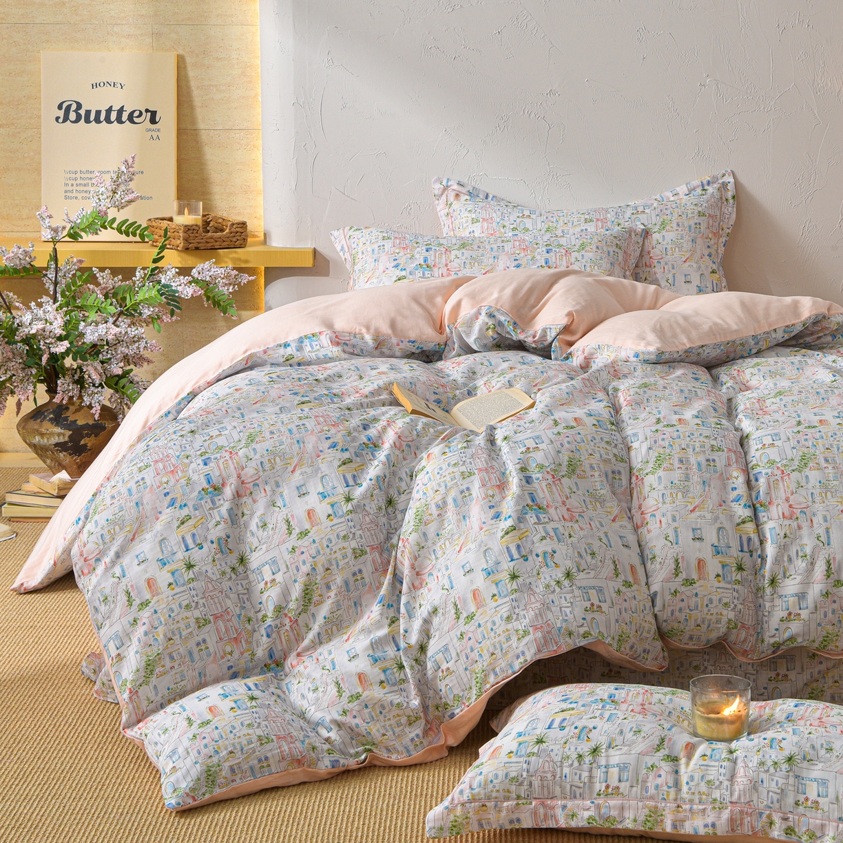 91家纺网 家纺一手货源 找家纺 金昱纺 2026新款全棉纯棉双层纱印花四件套 浪漫小镇-粉