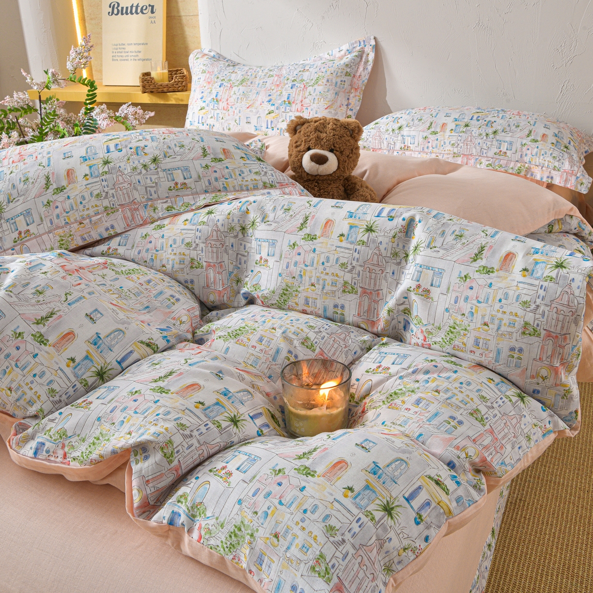 91家纺网 家纺一手货源 找家纺 金昱纺 2026新款全棉纯棉双层纱印花四件套 浪漫小镇-粉