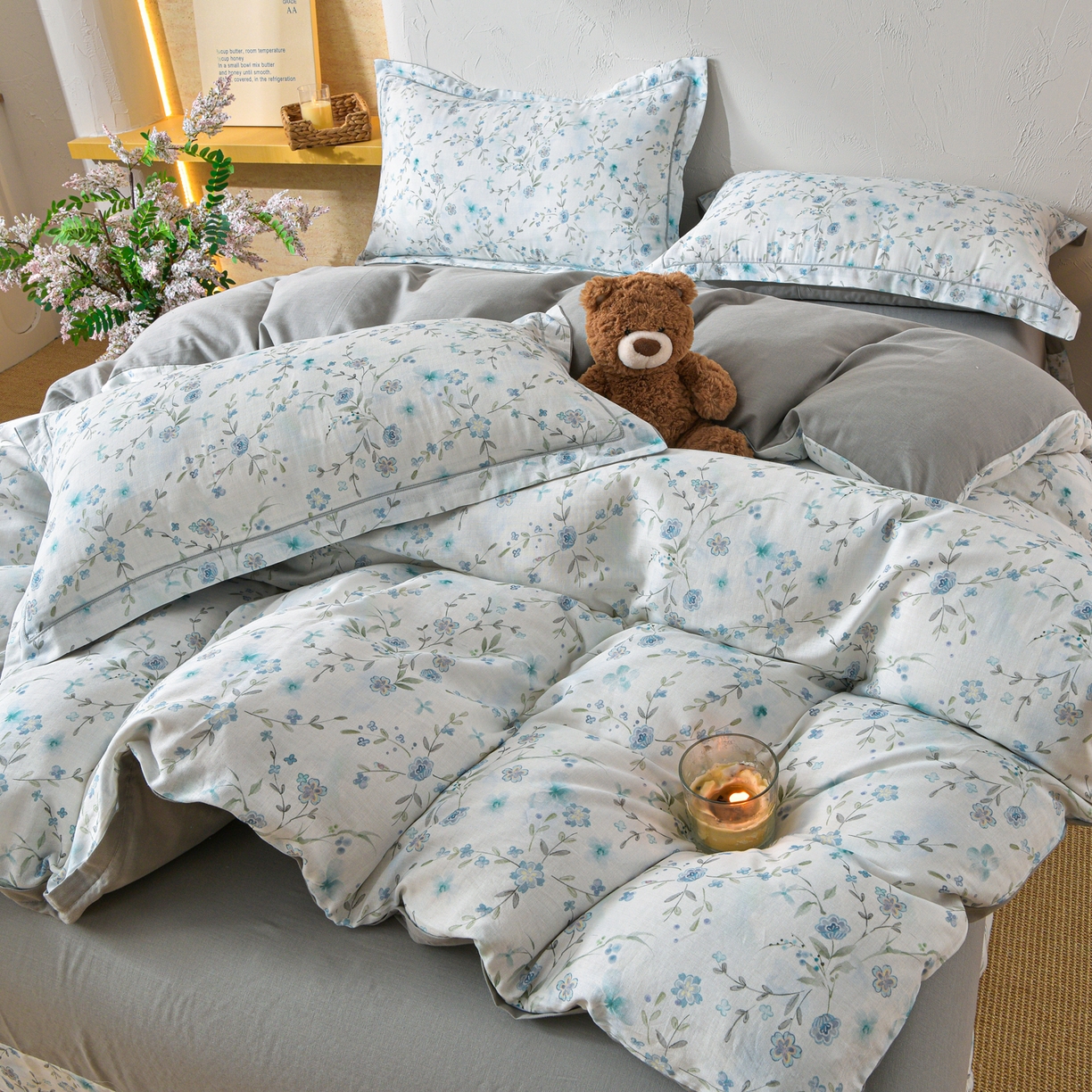 91家纺网 家纺一手货源 找家纺 金昱纺 2026新款全棉纯棉双层纱印花四件套 莲礼枝-兰