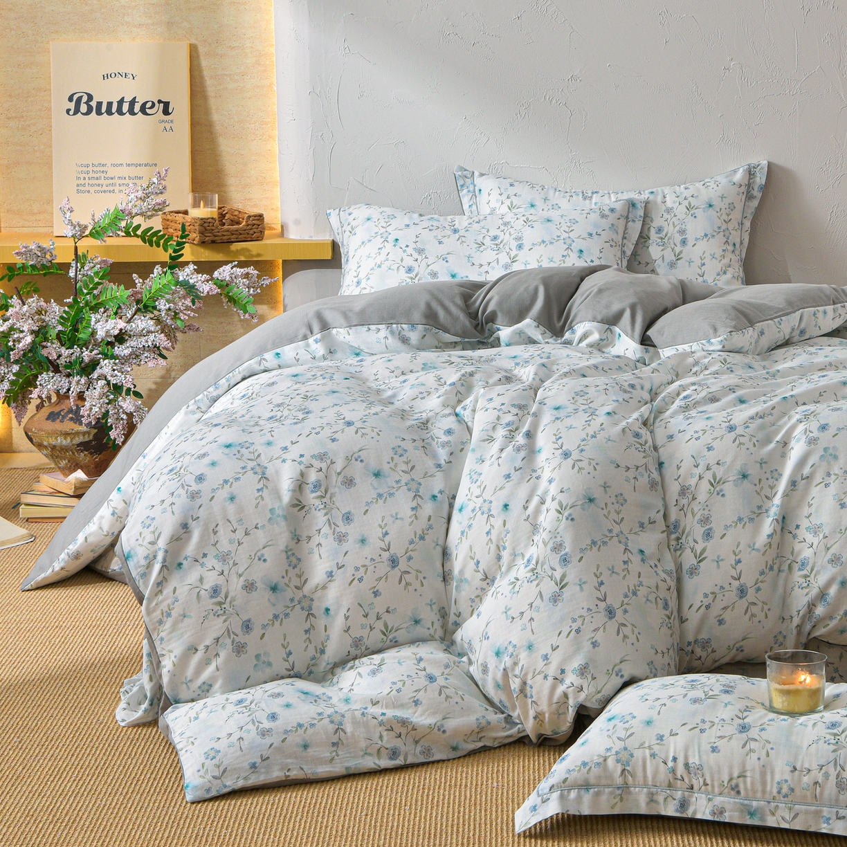 91家纺网 家纺一手货源 找家纺 金昱纺 2026新款全棉纯棉双层纱印花四件套 莲礼枝-兰