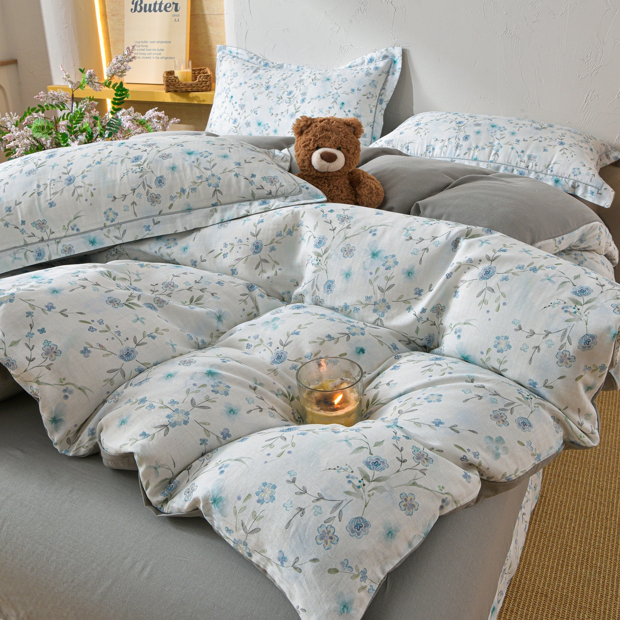 91家纺网 家纺一手货源 找家纺 金昱纺 2026新款全棉纯棉双层纱印花四件套 莲礼枝-兰