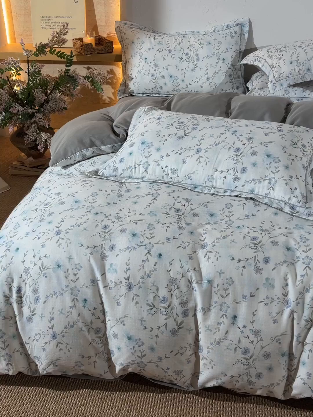 91家纺网 家纺一手货源 找家纺 金昱纺 2026新款全棉纯棉双层纱印花四件套 莲礼枝-兰