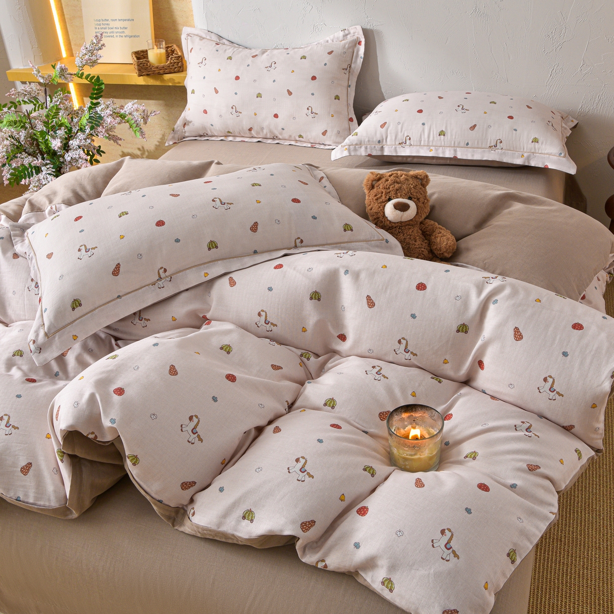 91家纺网 家纺一手货源 找家纺 金昱纺 2026新款全棉纯棉双层纱印花四件套 南瓜马车-咖