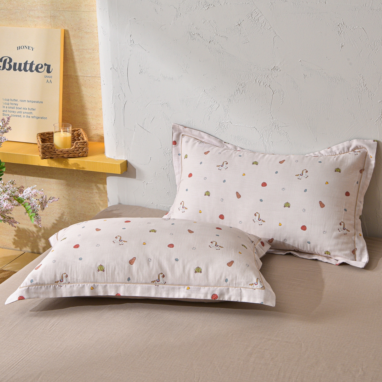 91家纺网 家纺一手货源 找家纺 金昱纺 2026新款全棉纯棉双层纱印花四件套 南瓜马车-咖