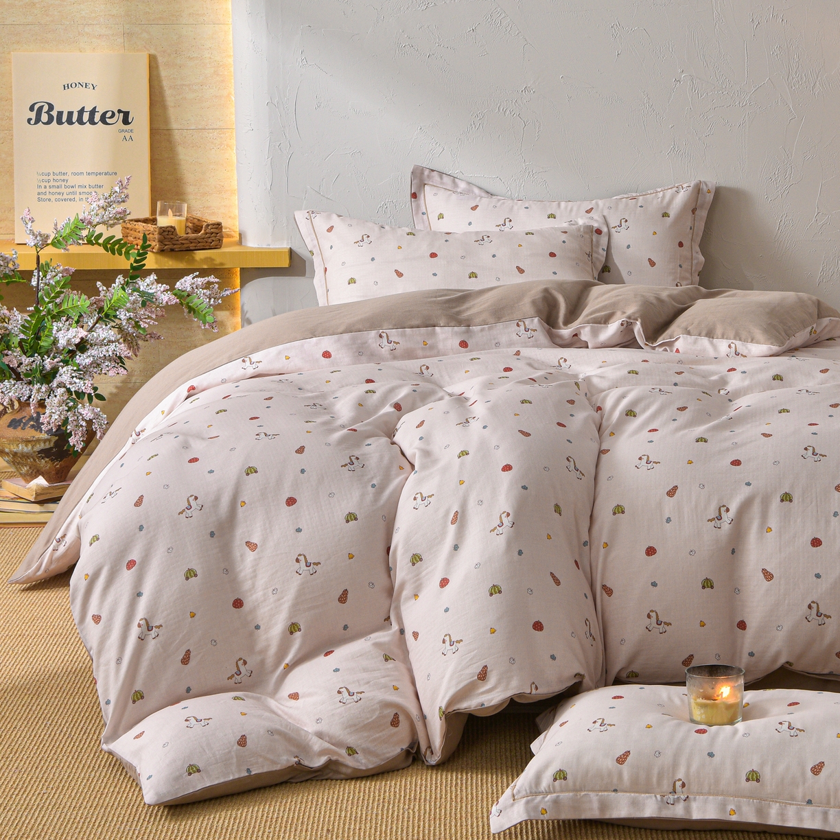 91家纺网 家纺一手货源 找家纺 金昱纺 2026新款全棉纯棉双层纱印花四件套 南瓜马车-咖