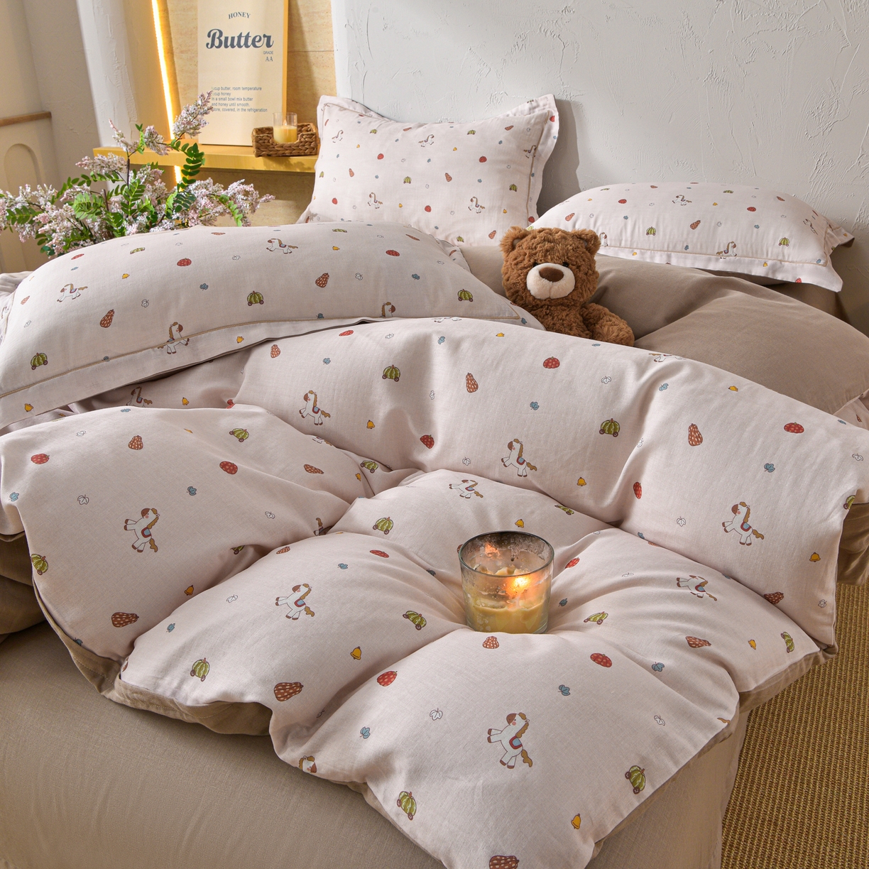 91家纺网 家纺一手货源 找家纺 金昱纺 2026新款全棉纯棉双层纱印花四件套 南瓜马车-咖