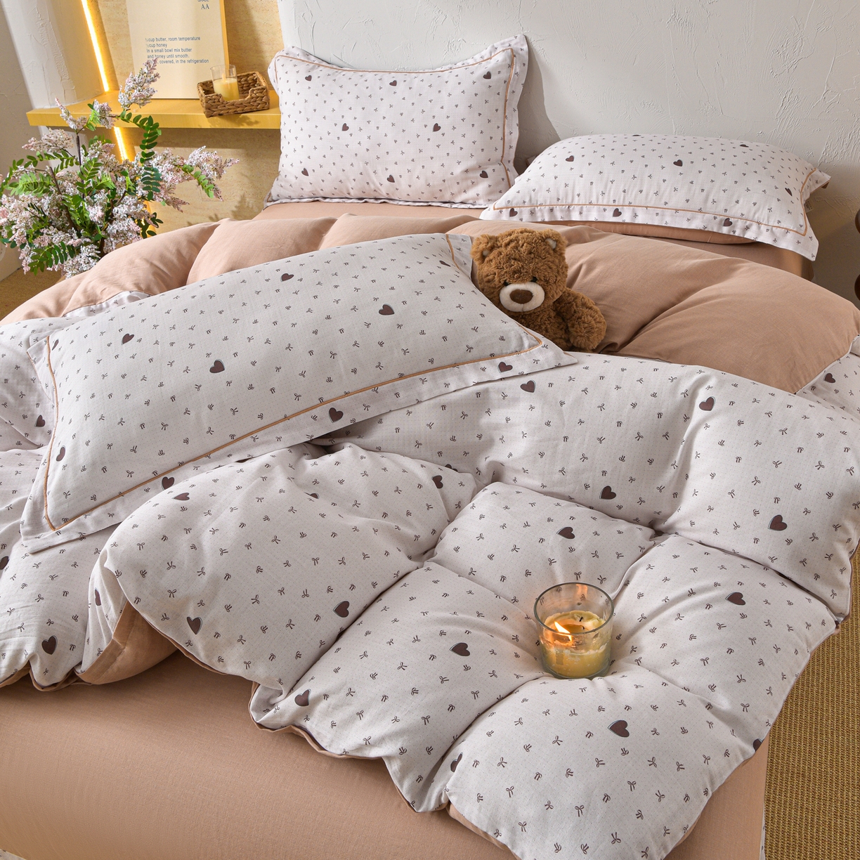 91家纺网 家纺一手货源 找家纺 金昱纺 2026新款全棉纯棉双层纱印花四件套 甜心结-咖