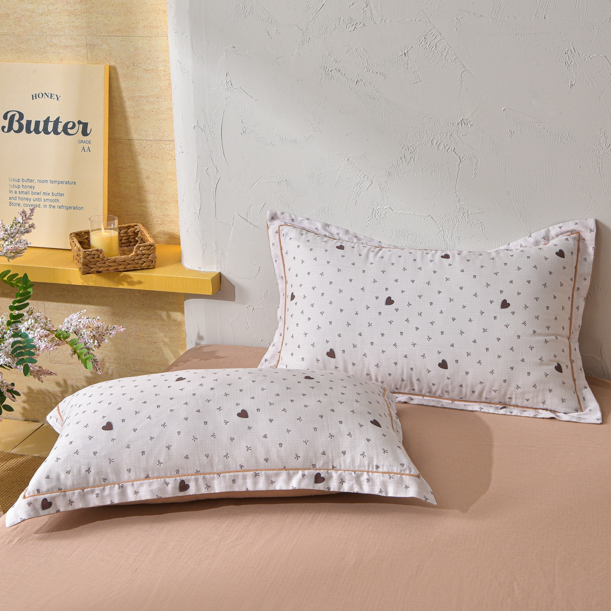 91家纺网 家纺一手货源 找家纺 金昱纺 2026新款全棉纯棉双层纱印花四件套 甜心结-咖