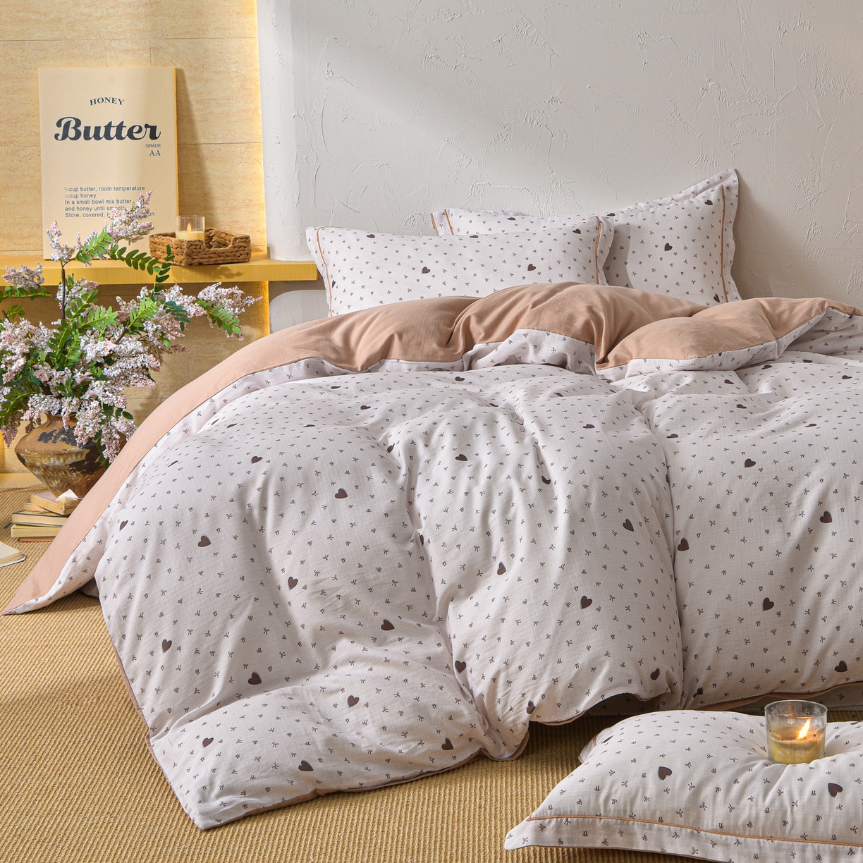 91家纺网 家纺一手货源 找家纺 金昱纺 2026新款全棉纯棉双层纱印花四件套 甜心结-咖