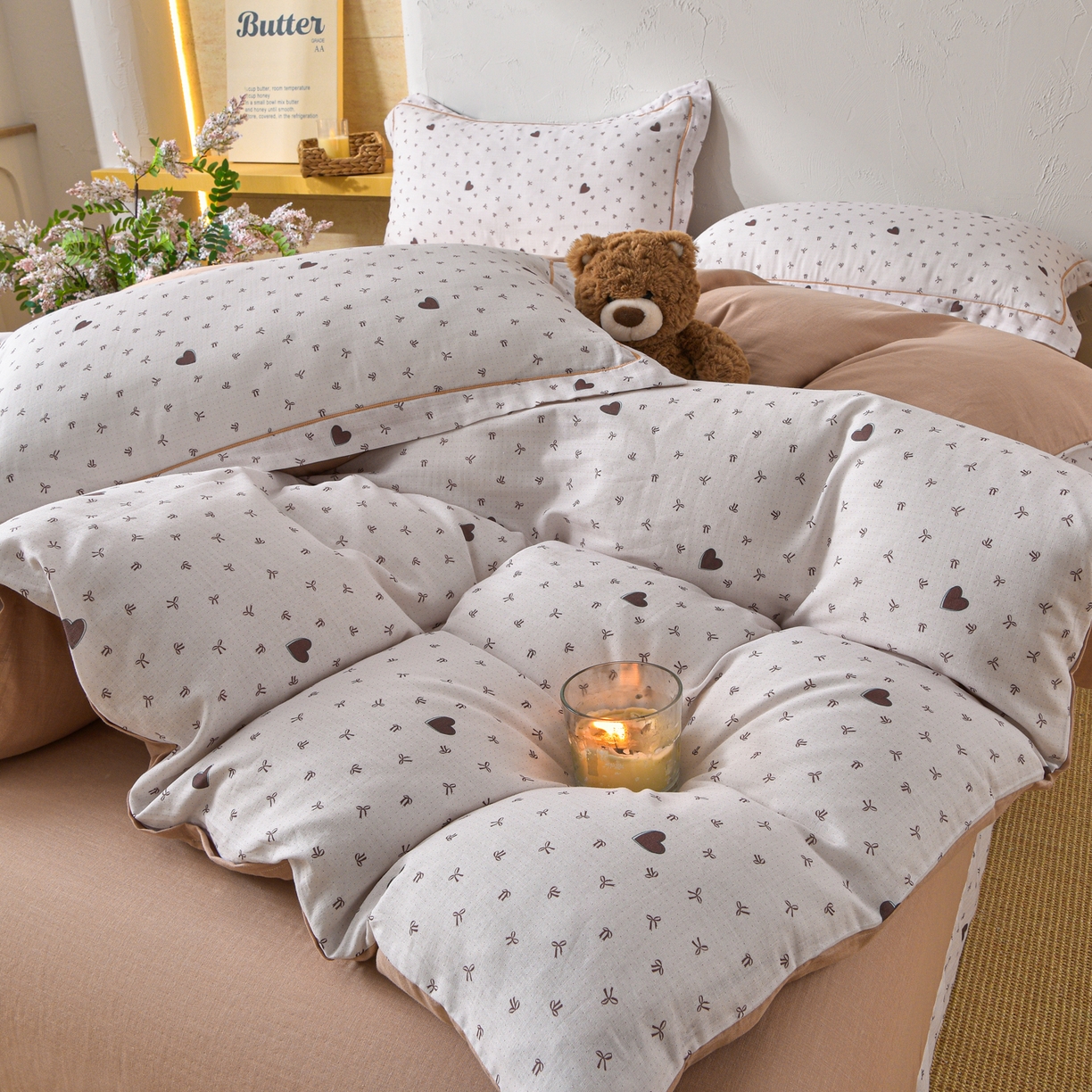 91家纺网 家纺一手货源 找家纺 金昱纺 2026新款全棉纯棉双层纱印花四件套 甜心结-咖