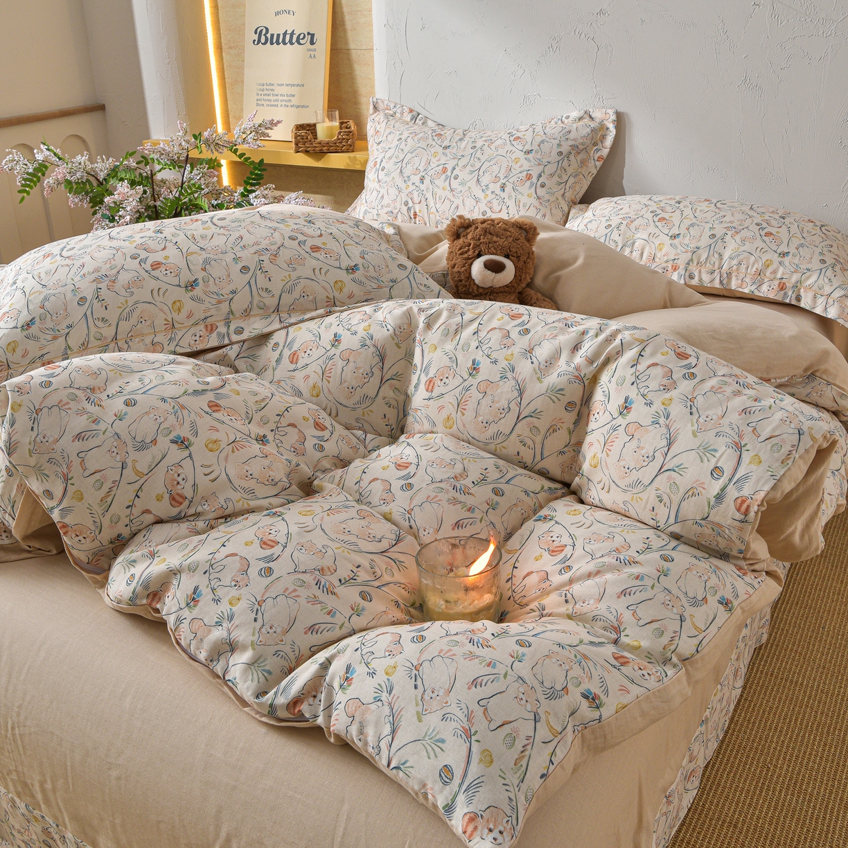 91家纺网 家纺一手货源 找家纺 金昱纺 2026新款全棉纯棉双层纱印花四件套 顽皮熊-米