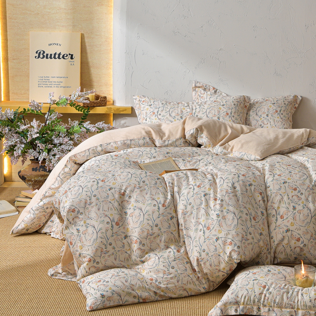 91家纺网 家纺一手货源 找家纺 金昱纺 2026新款全棉纯棉双层纱印花四件套 顽皮熊-米