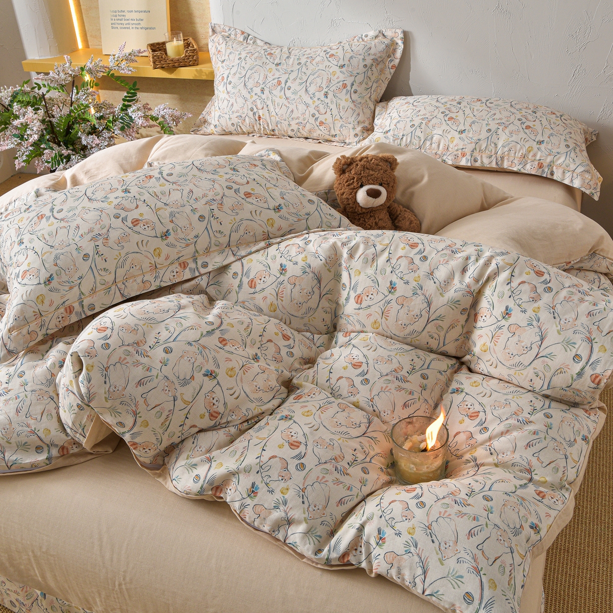 91家纺网 家纺一手货源 找家纺 金昱纺 2026新款全棉纯棉双层纱印花四件套 顽皮熊-米