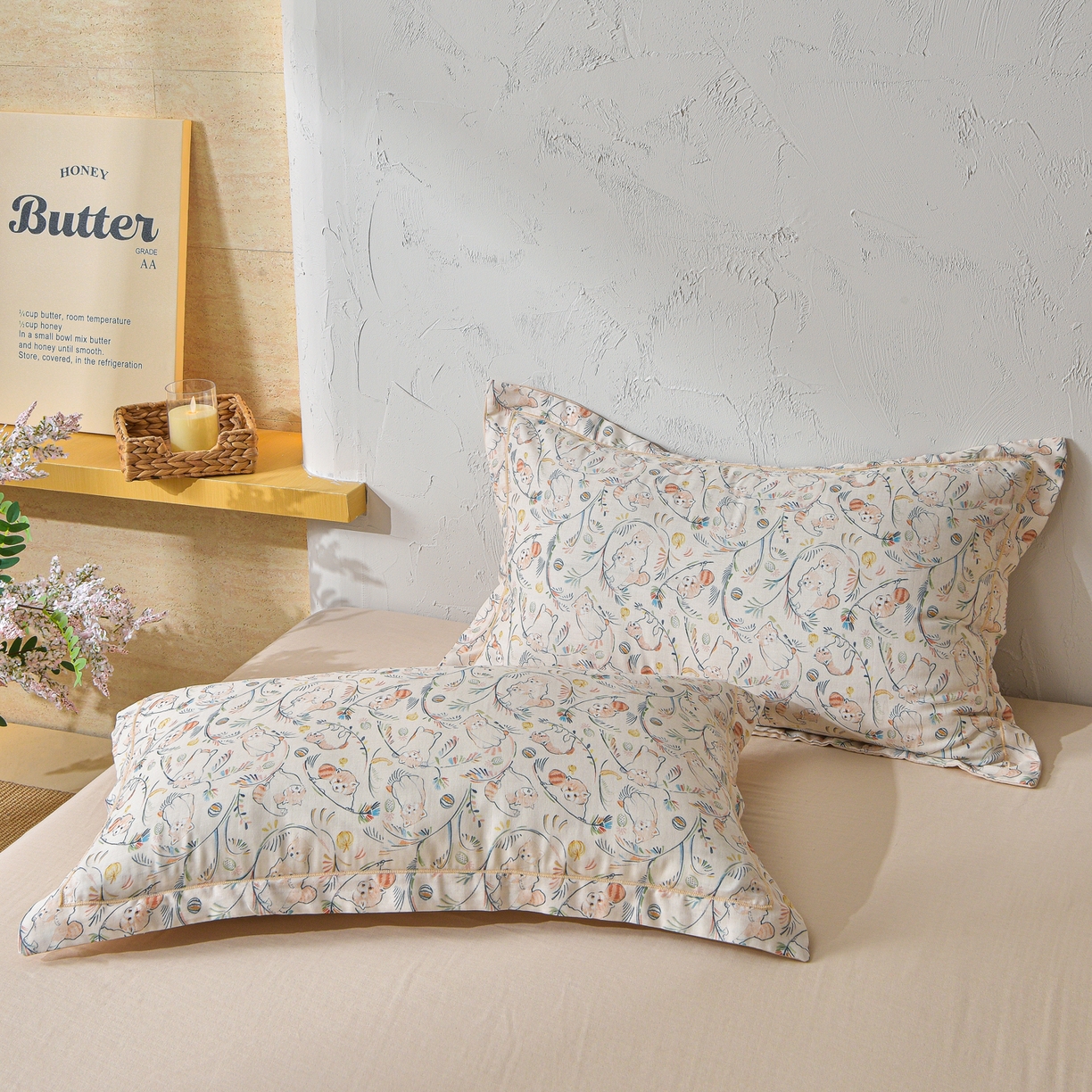 91家纺网 家纺一手货源 找家纺 金昱纺 2026新款全棉纯棉双层纱印花四件套 顽皮熊-米