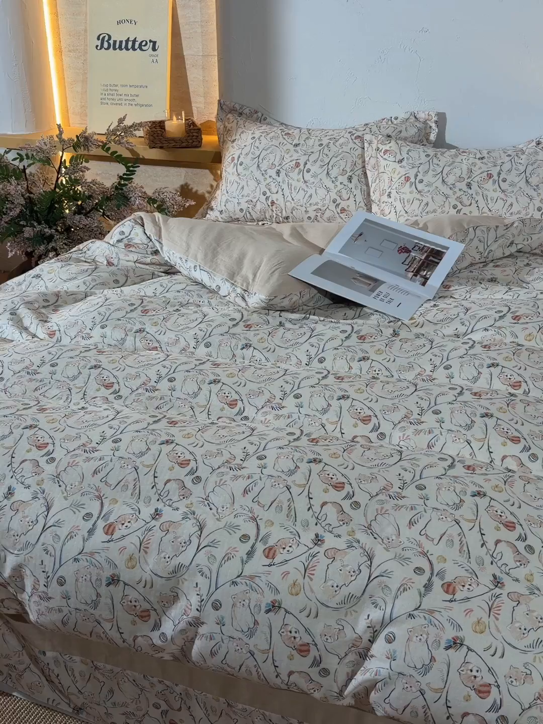 91家纺网 家纺一手货源 找家纺 金昱纺 2026新款全棉纯棉双层纱印花四件套 顽皮熊-米