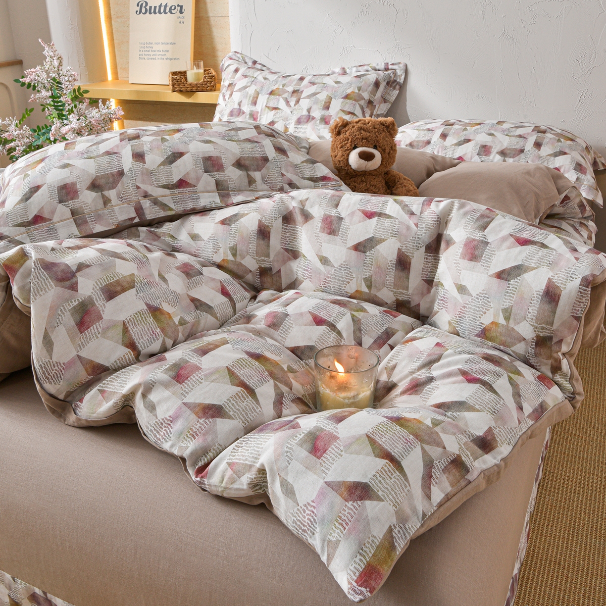 91家纺网 家纺一手货源 找家纺 金昱纺 2026新款全棉纯棉双层纱印花四件套 维亚-咖